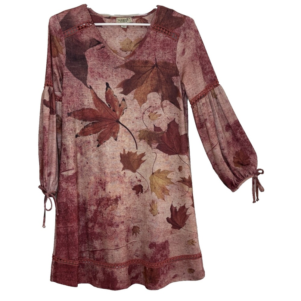 One World Tunic Shift Dress Womens Medium Rust Leaf Print V-Neck‎ Balloon Sleeve